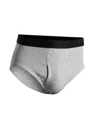 Grå bomuldsunderbukser med en sort elastisk talje, der har præget branding. Rundet form med et støttende design til forsiden.