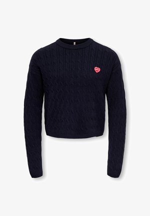 Pull bleu marine à manches longues en maille torsadée, col rond et petite écusson en forme de cœur rouge avec le mot "LOVE" sur la poitrine.
