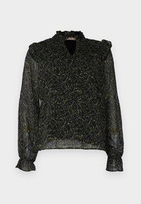Svart gjennomsiktig bluse med grønt paisley-mønster, rynket halslinning og puffede lange ermer. Lett stoff med subtile teksture detaljer.
