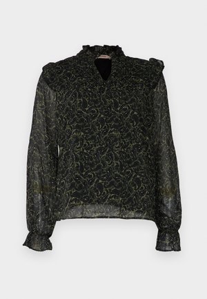 Blusa negra transparente con patrón de paisley verde, cuello con volantes y mangas largas abullonadas. Tejido ligero con sutiles detalles de textura.