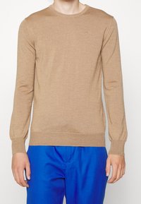 Pull en maille à manches longues avec un col rond et des poignets côtelés. Présente un logo discret sur la poitrine, associé à un pantalon bleu.