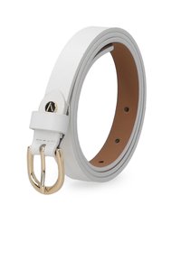 Weißer Leder-Gürtel mit glatter Oberfläche, goldener Metallschnalle und braunem Innenfutter. Verfügt über mehrere Einstelllöcher entlang des Gürtels.