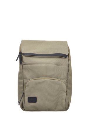 Beige rectangular backpack with two zipper compartments and a black trim on the top zipper, displayed on a white background.