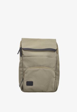 Beige rectangular backpack with two zipper compartments and a black trim on the top zipper, displayed on a white background.
