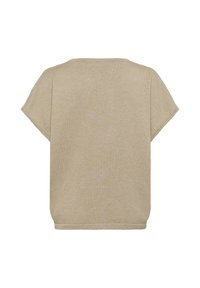 Beige rövid ujjú cropped póló, kerek nyakkal és enyhén texturált felülettel. Egyszerű dizájn, nincs látható minta vagy díszítés.