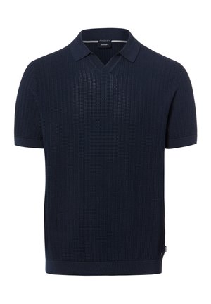 Donkerblauw gebreid poloshirt voor heren met korte mouwen, een gestructureerd patroon, V-hals en geribbelde kraag, manchetten en zoom.