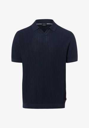 Dunkelblaues Strick-Poloshirt für Herren mit kurzem Arm, strukturiertem Muster, V-Ausschnitt sowie geripptem Kragen, Bündchen und Saum.