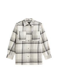 Camicia in flanella a quadri leggeri in crema e grigio, caratterizzata da una chiusura con bottoni, due tasche sul petto e maniche lunghe con polsini abbottonati.