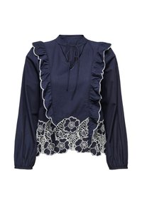 Blouse marine à manches longues, bordure avant à volants, col noué, et détails en dentelle florale blanche le long de l'ourlet.