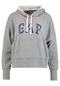 Felpa grigia realizzata in tessuto morbido, con tasca a canguro, cappuccio con lacci e logo "GAP" con stelle rosse sul davanti.