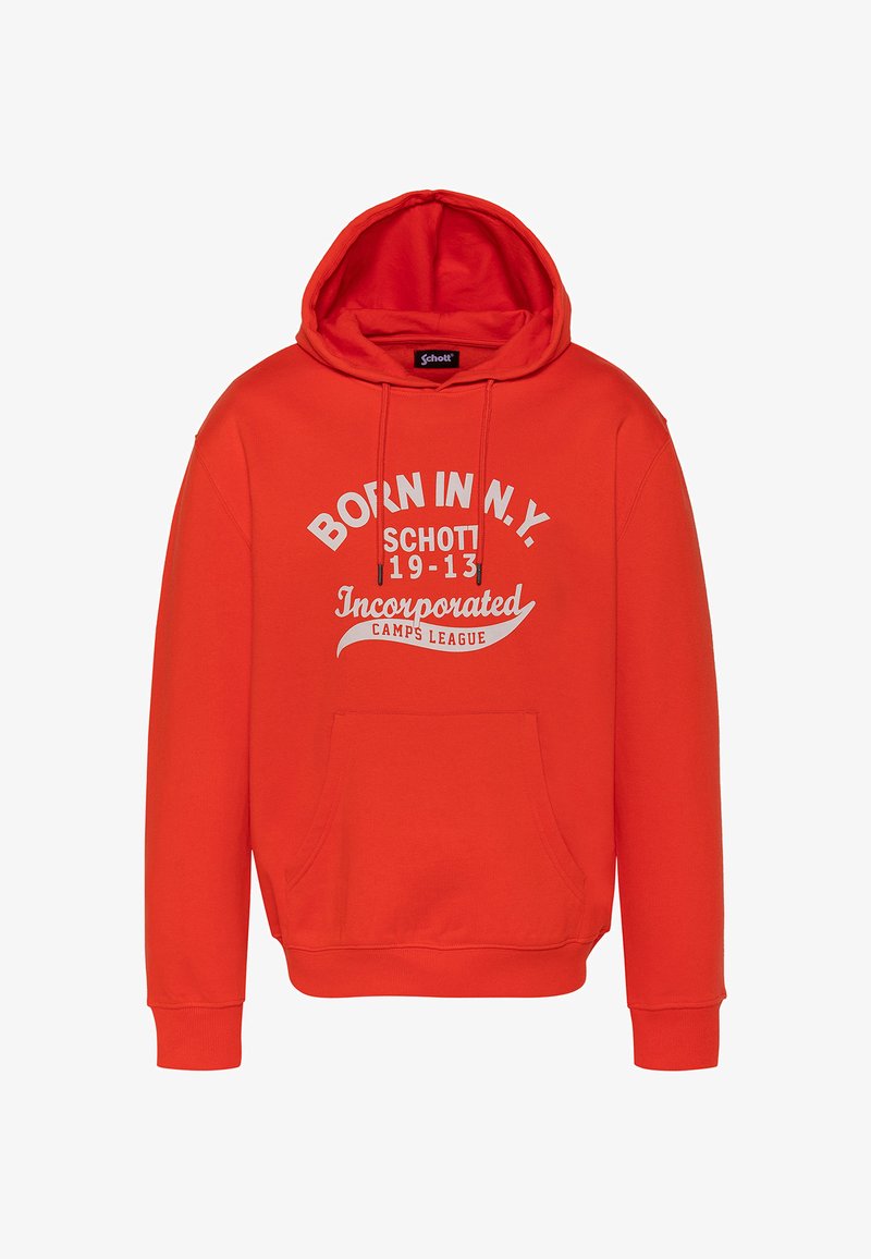 Sweat-shirt à capuche rouge vif avec texte blanc « Born in N.Y. Schott 19-13 Incorporated Camps League » et poche kangourou à l'avant.