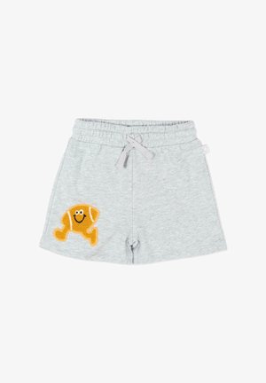 Pantaloncini per bambini piccoli di colore grigio chiaro con vita elastica e coulisse, caratterizzati da una toppa gialla sorridente a forma di cartone animato sulla gamba sinistra.