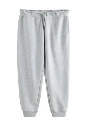 Pantalones de chándal gris claro, fabricados con una tela suave, que cuentan con una cinturilla elástica con cordón, bolsillos laterales y puños ajustados.