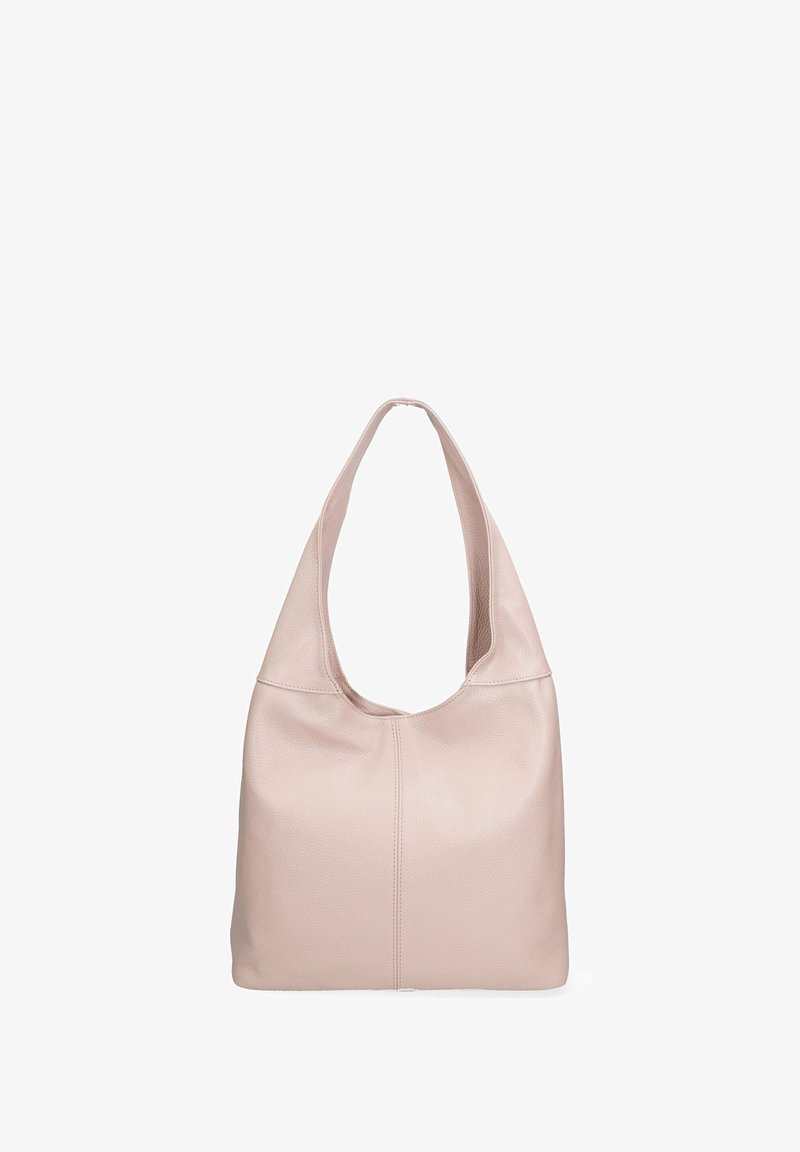 Roze leren hobo-tas met een ronde bovenkant, brede handgreep en een gestructureerde afwerking. Bevat subtiele stikdetails aan de voorkant en een zachte structuur.