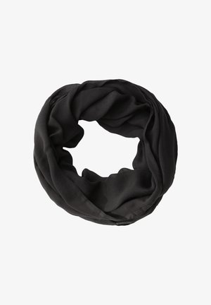 Scaldacollo nero realizzato in tessuto leggero e morbido. Presenta un design a loop continuo con una texture liscia e fluida.