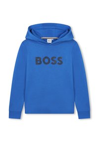 Haut à capuche bleu en coton avec des manches longues, une poche kangourou et le mot "BOSS" imprimé en noir sur la poitrine.