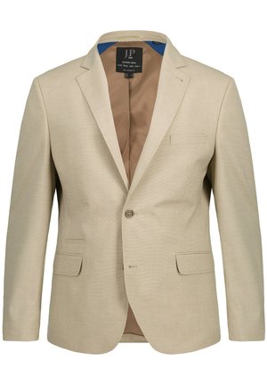 Beige blazer met een gladde textuur, enkele knoopsluiting en twee voorzakken; heeft een bruine voering en een blauwe accent.