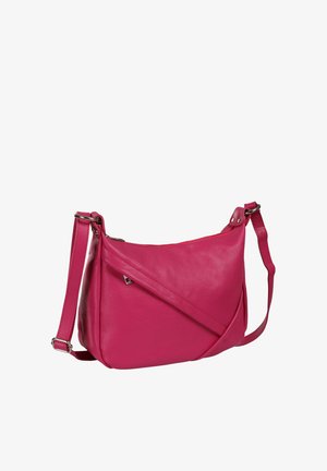 Roze leren crossbodytas met verstelbare riem en zilverkleurige hardware op een witte achtergrond.