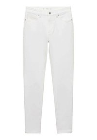 Bele tanke jeans iz denim materiala, ki imajo sprednje žepe, zadrgo in gumbasto zapiranje. Gladka tekstura brez vzorcev ali dodatkov.