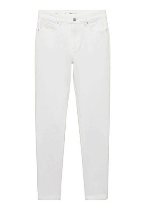 Valkoiset slim-fit farkut, jotka on valmistettu denimestä. Etutaskut, vetoketjusuljenta ja nappikiinnitys. Silkkinen pinta ilman kuvioita tai yksityiskohtia.