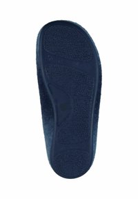 Navy blue slipper sole with textured rubber grip surface and slight arch support. Features a rounded toe and cushioned, soft fabric upper.