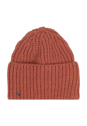 Rust-colored knitted beanie with a folded cuff and a small round metal logo on the cuff.
