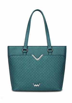 Teal textured tote bag with double shoulder straps and silver V-shaped and zigzag metal accents on front panel.