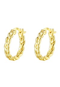 Pendientes de aro en tono dorado con un diseño trenzado, que cuentan con un acabado pulido y un cierre de pestillo seguro. Textura suave con un aspecto brillante.