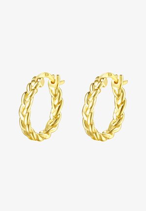 Orecchini a cerchio in tonalità oro con design intrecciato, dotati di una finitura lucida e chiusura a scatto sicura. Texture liscia con un aspetto lucido.