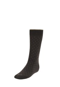 Calzino nero alla caviglia con piccoli pois bianchi, bordo a coste, texture liscia e punta rinforzata. Presenta un design discreto per il massimo comfort.