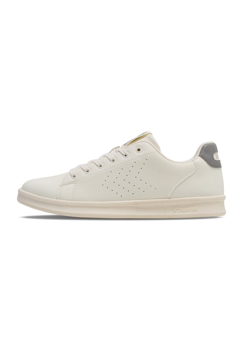 White leather sneaker featuring a minimalist design, subtle perforations on the sides, and grey accents on the heel and logo.
