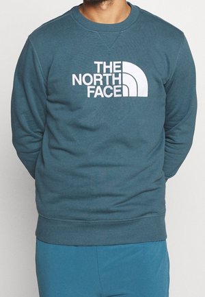 Tealfarbener Pullover mit langen Ärmeln, Rundhalsausschnitt und weißem Logo-Text "THE NORTH FACE", der vorne deutlich sichtbar ist. Weiche Materialstruktur.