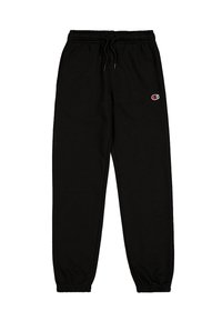 Pantaloni della tuta neri realizzati in morbido cotone, con vita elasticizzata e cordino, e caviglie a costine. Piccolo logo sulla coscia sinistra.