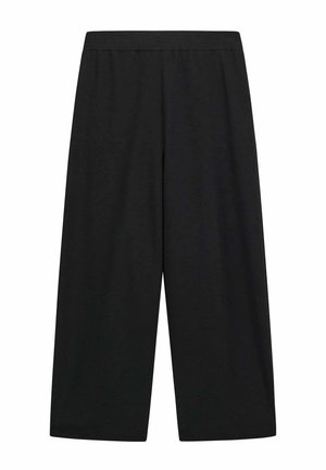 Pantaloni neri a gamba larga con vita alta e cintura elastica, mostrati distesi su sfondo bianco.