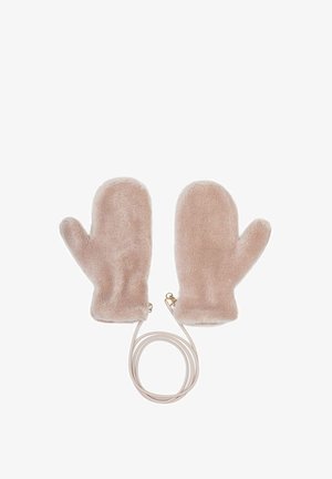 Rękawice z futra ekologicznego w jasnoróżowym kolorze o miękkiej fakturze i zaokrąglonym kształcie, z łączącym sznurkiem z złotą ozdobą.