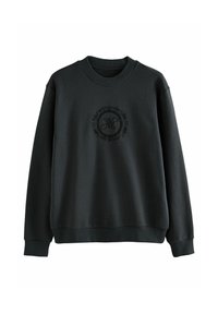 Sort sweatshirt med ribbet rund halsudskæring, lange ærmer og prægede cirkulære logo detaljer i midten. Blødt stof, afslappet pasform.