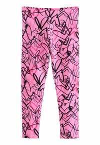 Rosa leggings med svarta och röda abstrakta hjärtan och linjemönster, tillverkade av flexibelt tyg, med elasticmidja och slim fit.