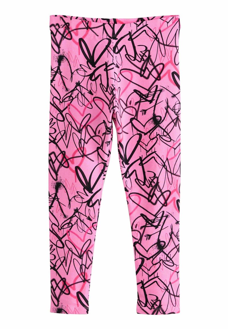 Rosa leggings med svarta och röda abstrakta hjärtan och linjemönster, tillverkade av flexibelt tyg, med elasticmidja och slim fit.