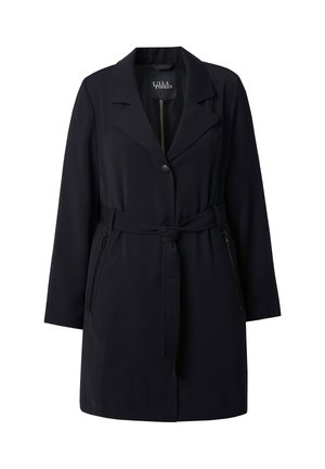 Černý dlouhý kabát s páskem, klopovým límcem, zapínáním na jeden knoflík a zipovanými bočními kapsami, označený "Lilla Popken".