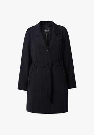Cappotto nero a maniche lunghe con cintura, colletto a rever, chiusura con un solo bottone e tasche laterali con zip, etichettato "Lilla Popken".