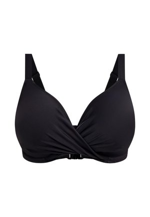 Zwarte beha van gladde stof met een gedraaid ontwerp aan de voorkant, voorzien van verstelbare bandjes en een haaksluiting aan de achterkant.