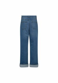 Jeans din denim albastru cu un croi drept, două buzunare la spate și tivuri întoarse. Prezintă cusături contrastante și o textură moale.