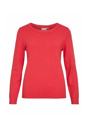Červený pletený sveter s dlhým rukávom, rebrovanými manžetami a lemom, okrúhlym výstrihom a malou vnútornou etikietou na golieri.