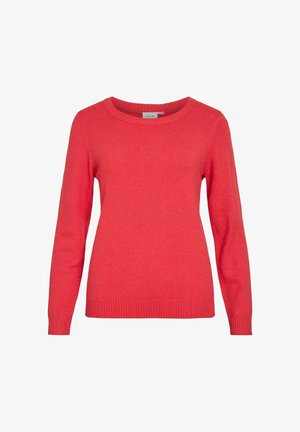 Punane pika varrukaga kootud kampsun, millel on soonikud mansettidel ja alläärel, ümar kaelus ning väike sisemine silt krae all.