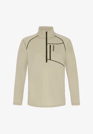 Beige Fleece-Pullover mit einem Viertelreißverschluss, ausgestattet mit dunklen Nähten und einer Reißverschlusstasche auf der linken Brust, aus weichem, strukturiertem Stoff.