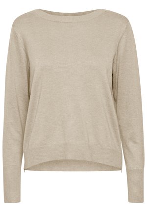 Beige knitted sweater with a wide neckline, long sleeves, and ribbed cuffs. Features a loose fit and subtle side slits at the hem.