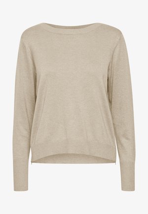 Bež pleteni pulover z širokim ovratnikom, dolgimi rokavi in rebrastimi manšetami. Ima ohlapen kroj in subtilne stranske razpoke na robu.