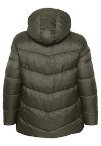 Khaki pufferjack met capuchon, voorzien van een chevron-quilted ontwerp, een gladde textuur en elastische manchetten. De achterkant toont horizontale panelen.