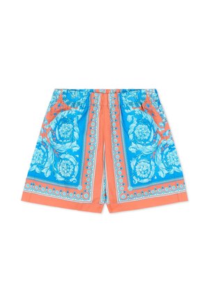Shorts vivaci con motivi floreali barocchi blu e arancioni, tasche laterali, cintura elastica e lunghezza fino al ginocchio.