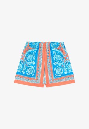 Shorts vivaci con motivi floreali barocchi blu e arancioni, tasche laterali, cintura elastica e lunghezza fino al ginocchio.